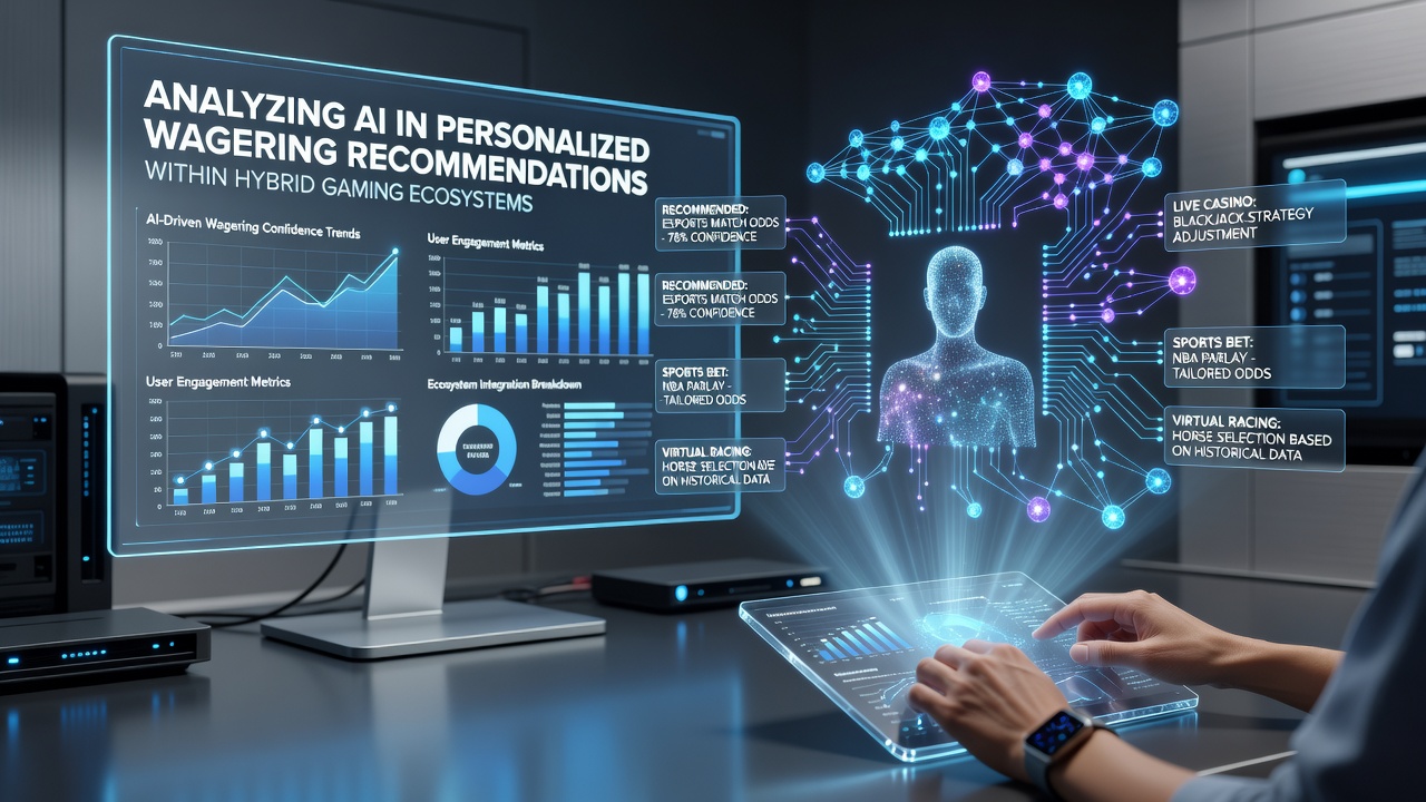 AI interface displaying personalized wagering recommendations across sports and casino sections of a hybrid gaming platform