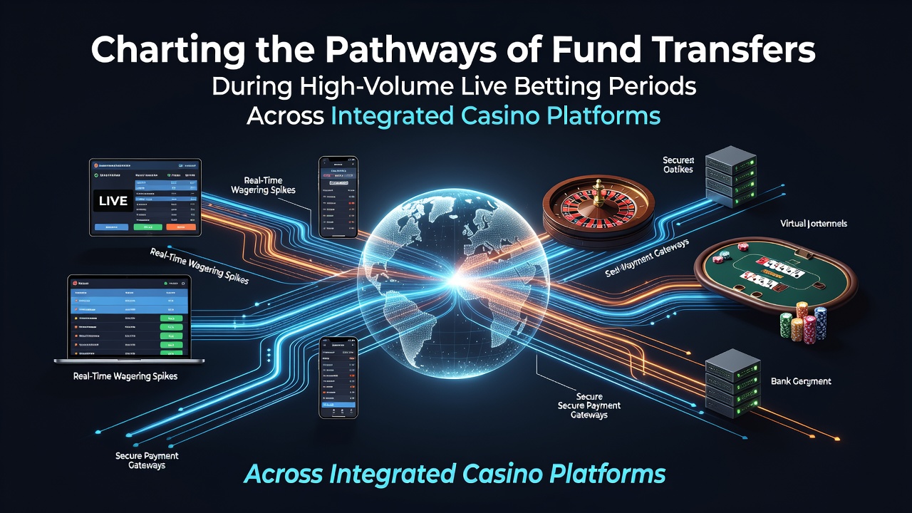 Diagram showing fund transfer routes between sportsbooks, casino modules, and payment processors during live events
