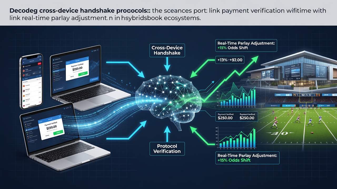 Illustration of cross-device handshake protocols connecting payment systems and live parlay adjustments in hybrid sportsbooks