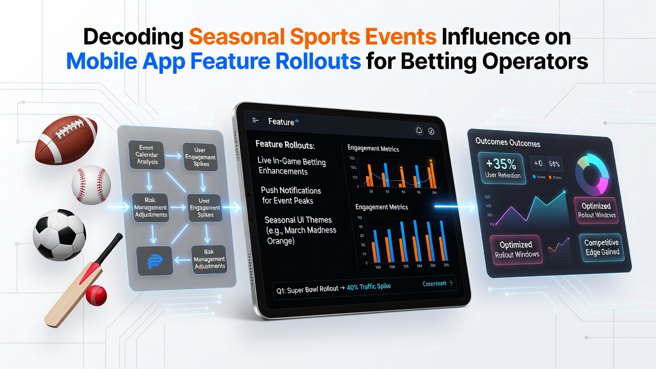 Mobile betting app interface showing seasonal sports event integrations and feature rollout timelines