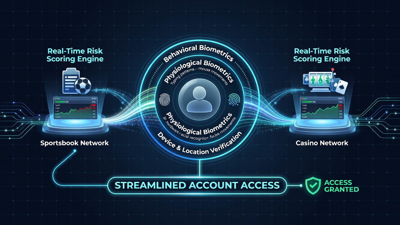 Biometric verification interface on a mobile sportsbook app showing facial recognition overlay with risk score indicators
