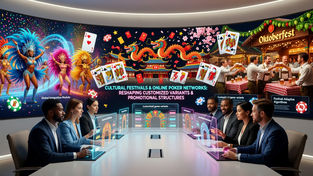 Cultural festival elements integrated into online poker interfaces showing themed tables and player avatars during major global celebrations