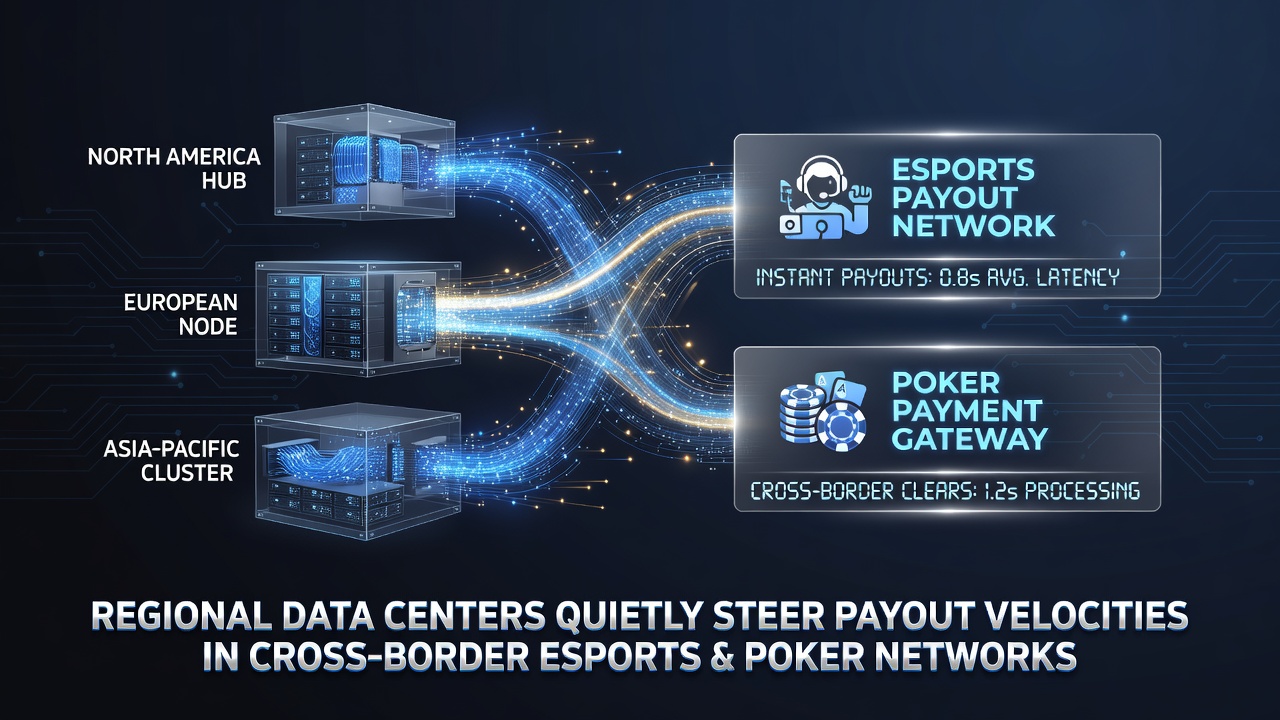 Regional data centers connected through global esports and poker payment networks showing fiber optic routes and server clusters