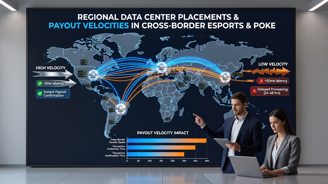 Network diagram illustrating payout routing paths between data centers in different global regions for poker and esports platforms