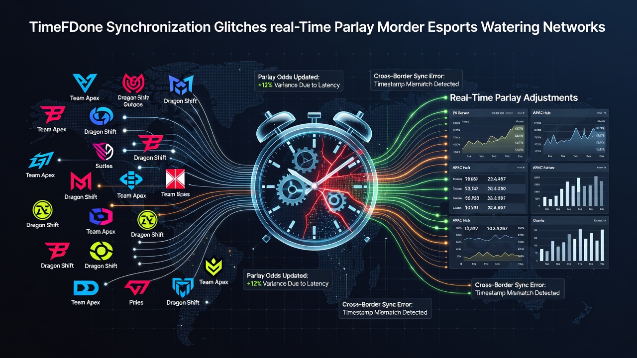 Diagram showing global esports servers across multiple timezones with highlighted synchronization points in betting networks