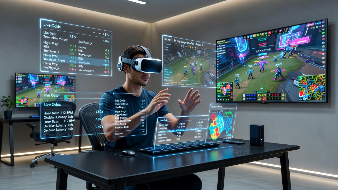 Split view of a user wearing VR headset while placing an in-play wager on a Muay Thai event with live data overlays visible