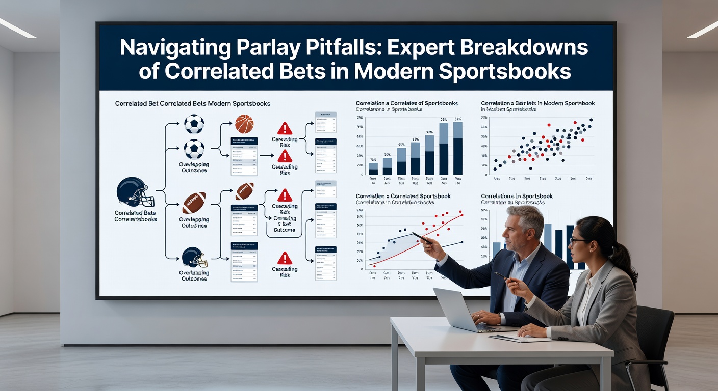 Digital illustration of a complex parlay bet slip showing interconnected legs with warning icons for correlated risks in a sportsbook interface