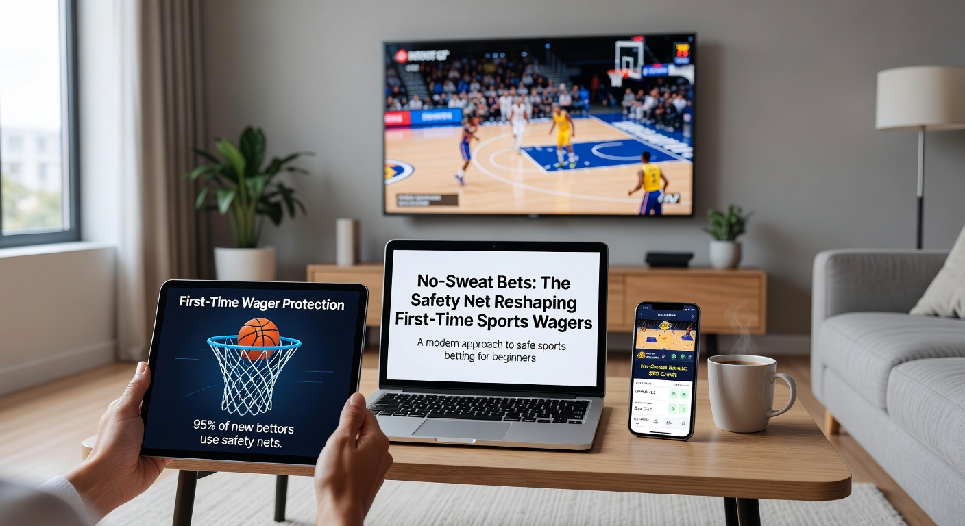 A digital illustration of a safety net catching falling sports betting chips, symbolizing protection for novice wagers