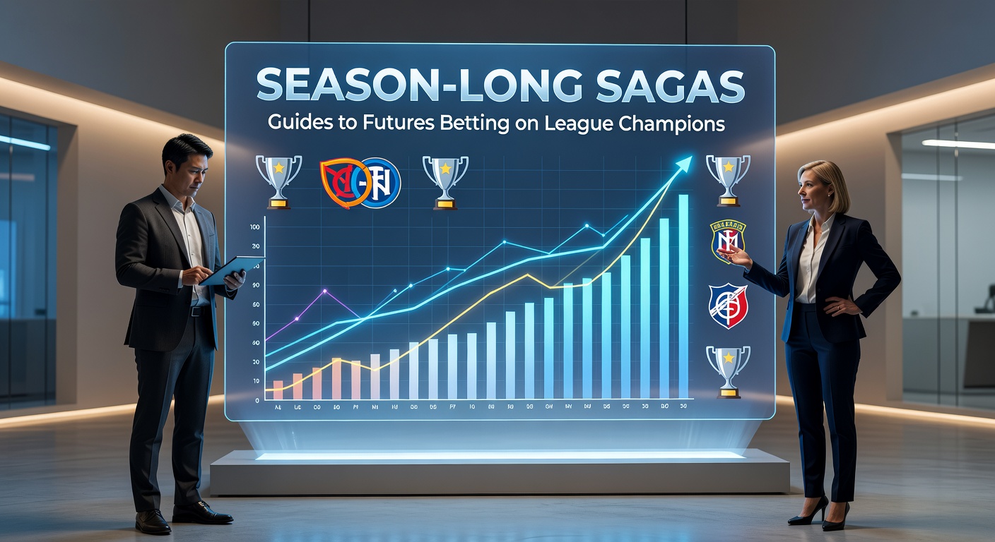 Dynamic graphic showing futures betting odds evolving over a sports season, with league trophies and fluctuating lines