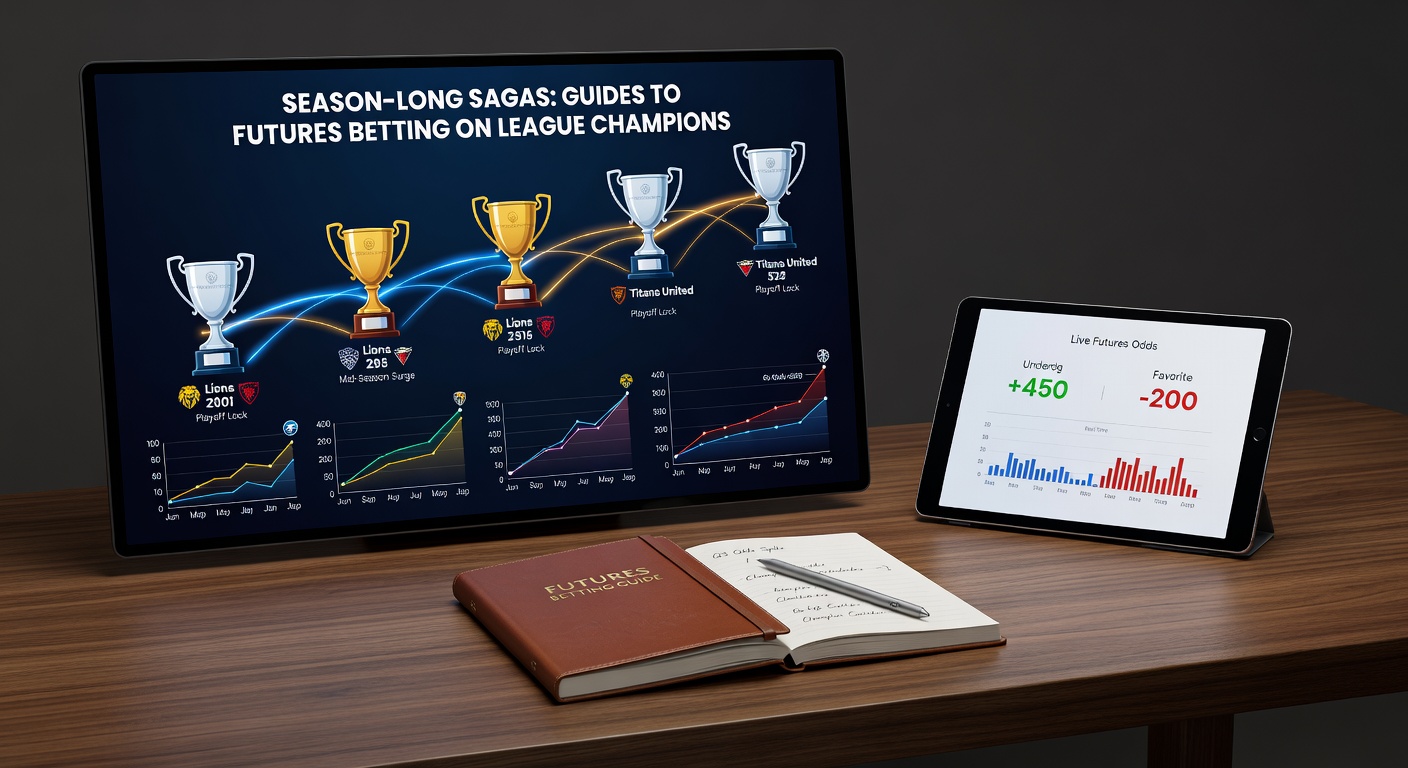 Close-up of a bettor analyzing futures odds on a tablet, surrounded by league schedules and championship banners