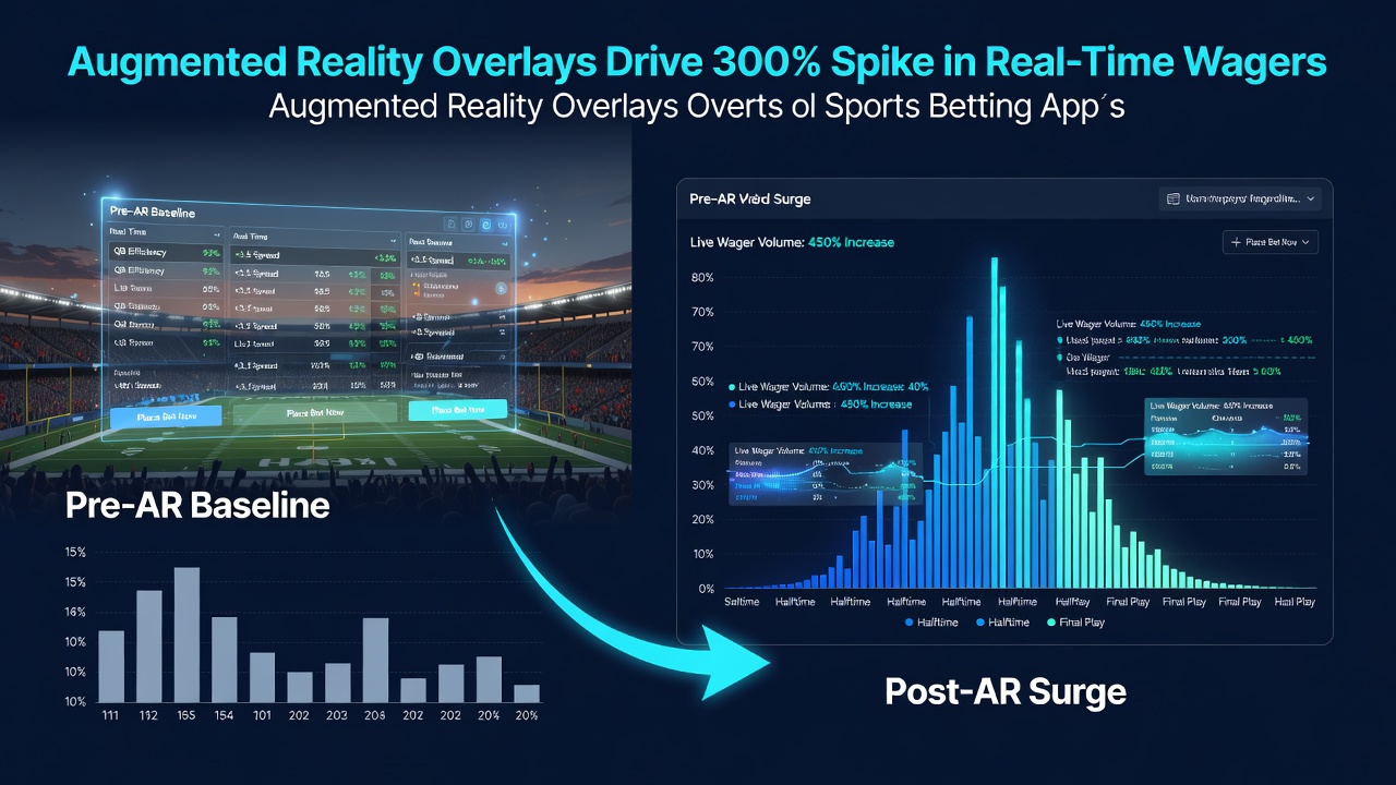 Augmented reality overlays displaying real-time player stats and betting options during a live football match on a mobile sports app