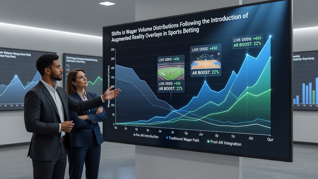 Sports bettors interacting with augmented reality statistics overlays on tablets and phones during a live basketball game