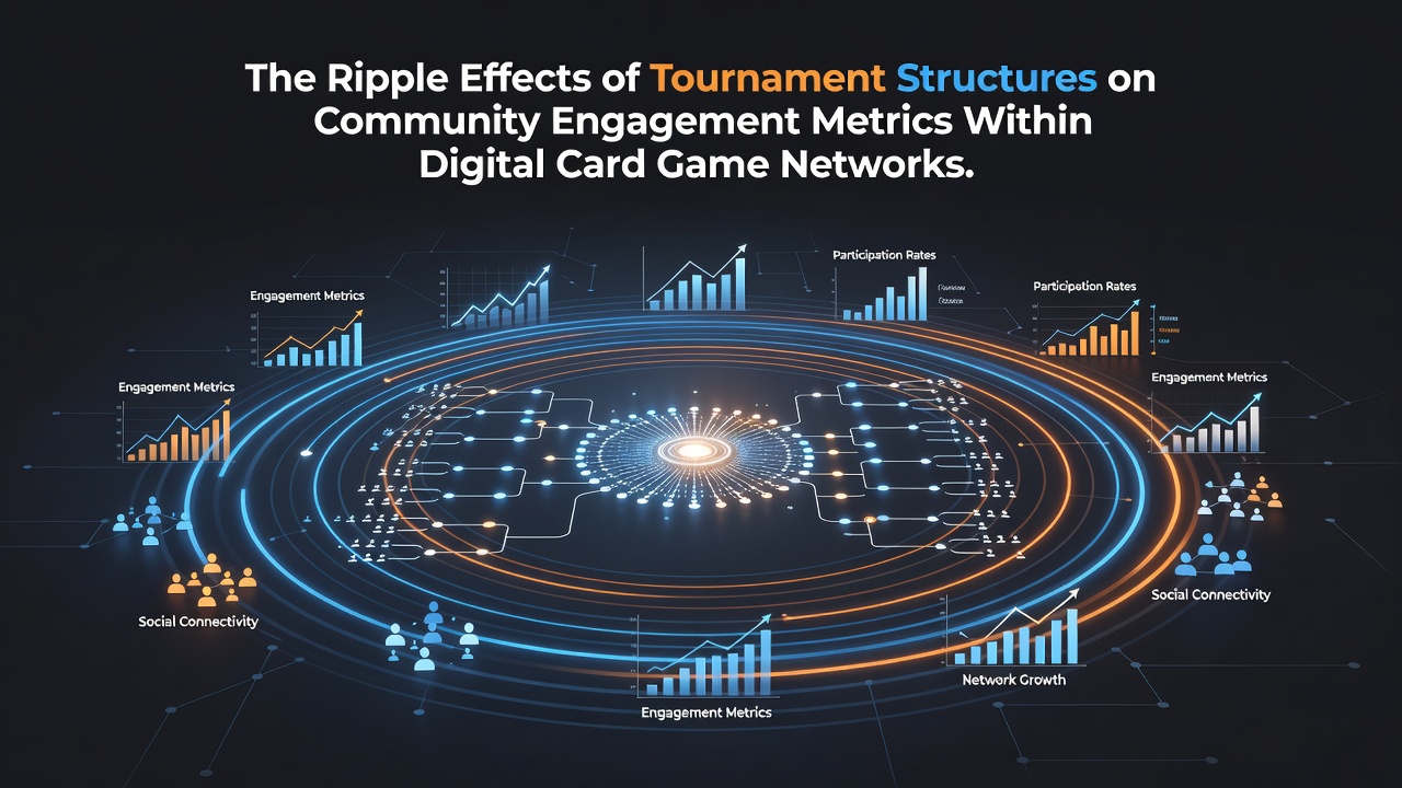Digital card game tournament bracket displayed on a screen with player avatars and engagement statistics overlaid