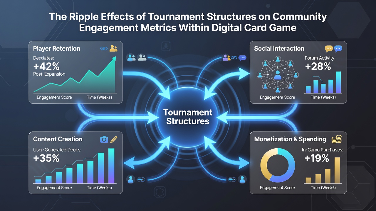 Players collaborating in a digital card game community hub with tournament results and chat activity visible