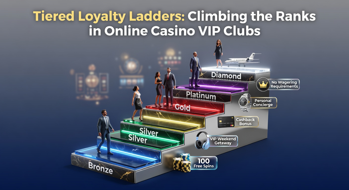 Visual representation of a loyalty ladder with tiers from bronze to diamond in an online casino VIP program, showing ascending levels and rewards