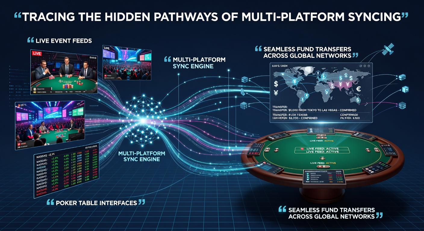 Diagram illustrating multi-platform data synchronization pathways connecting live event feeds to poker interfaces and global payment networks in May 2026