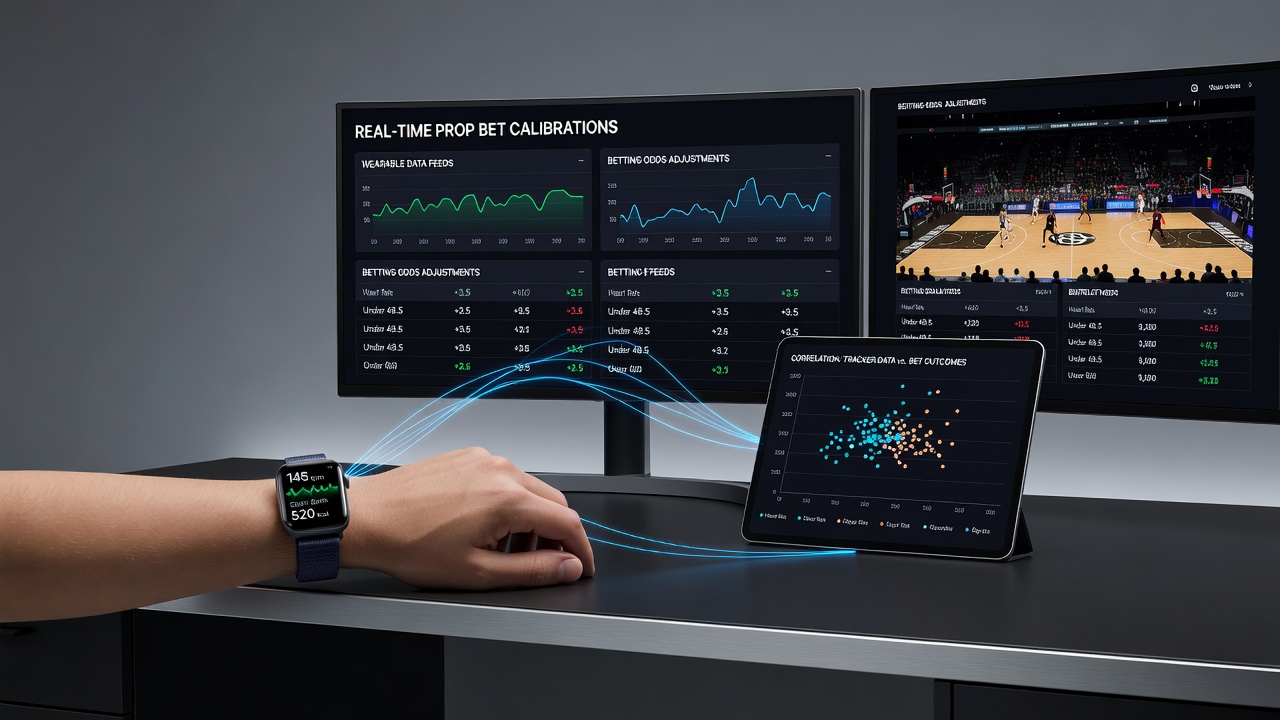 Real-time analytics interface displaying synced fitness tracker metrics alongside prop bet odds adjustments