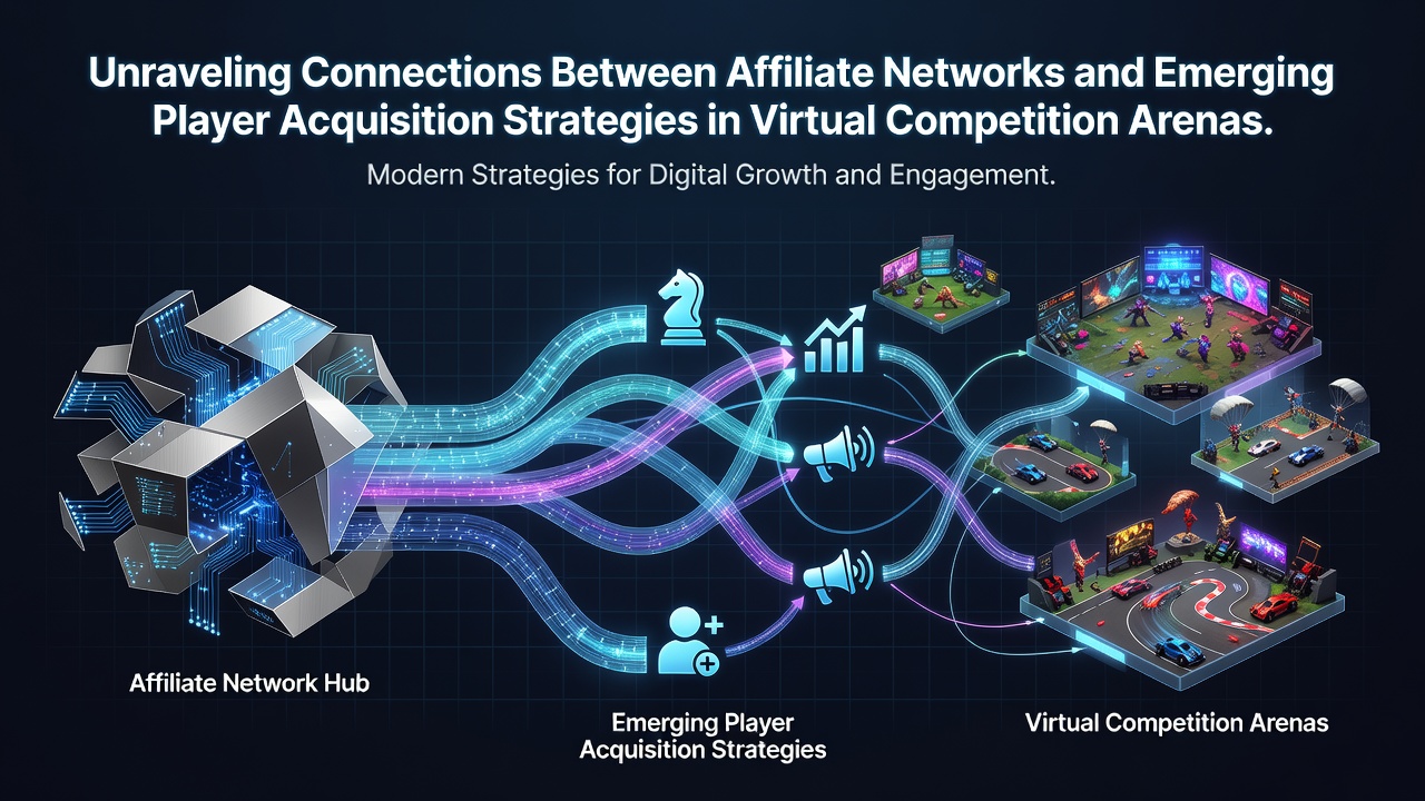 Affiliate networks linking with virtual competition platforms showing player acquisition pathways